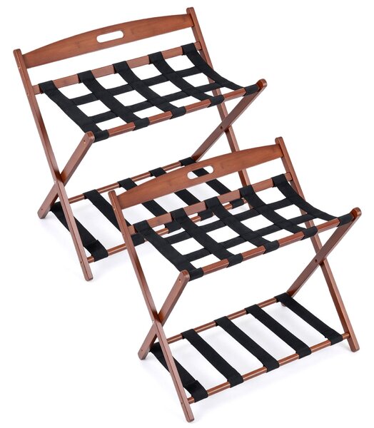 Costway Porta valigia salvaspazio con scarpiera cinghie in nylon maniglia integrata e struttura a X, Portavaligia pieghevole in bambù a 2 ripiani 2 pezzi