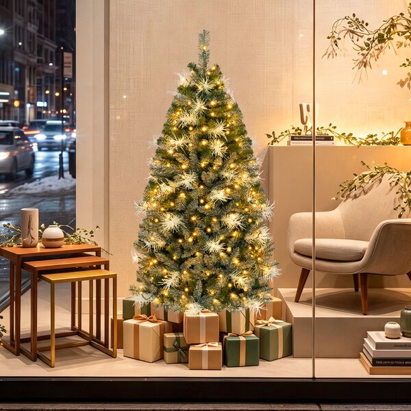 Costway Albero natale pre-illuminato con luci led e base in metallo pieghevole, Albero di natale artificiale innevato con rami in pvc 9 modalità 152 cm