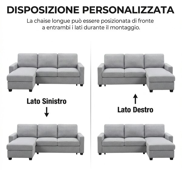 DecHome Divano Angolare 3 Posti Moderno con Chaise Longue Letto in Tessuto Dimensioni 207x146x80 cm colore Grigio Chiaro
