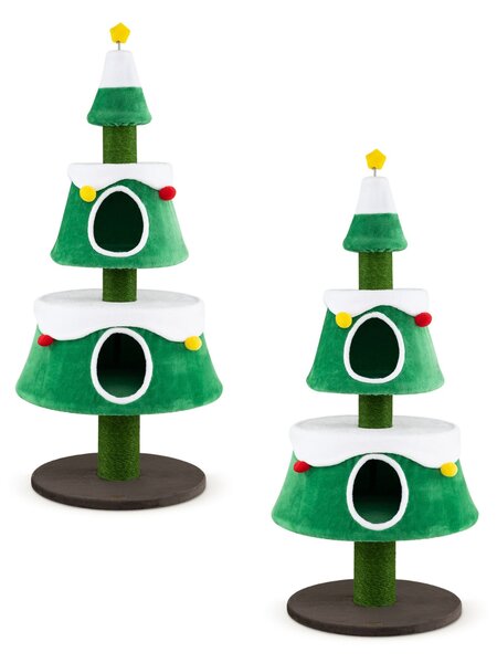 Costway Albero di natale per gatti con 2 cuccie pali graffiatoio posatoi pompon, Tiragraffi alto a multilivelli 156 cm con cuscini per gatti adulti e piccoli 2 pezzi
