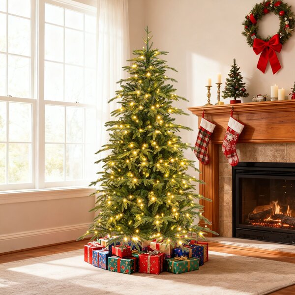 Costway Albero di natale artificiale con luci led regolabili per casa ufficio e negozi, Albero di natale folto con 11 modalità di illuminazione 180cm