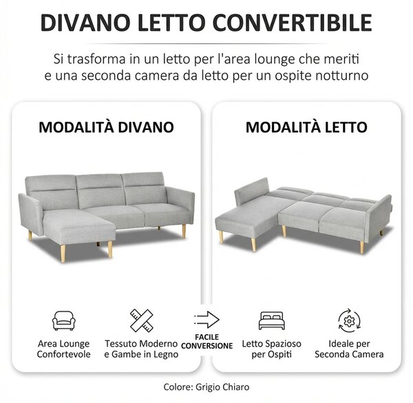 DecHome Divano Angolare 3 Posti Moderno con Chaise Longue Letto in Tessuto Dimensioni 207x146x80 cm colore Grigio Chiaro