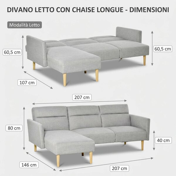 DecHome Divano Angolare 3 Posti Moderno con Chaise Longue Letto in Tessuto Dimensioni 207x146x80 cm colore Grigio Chiaro