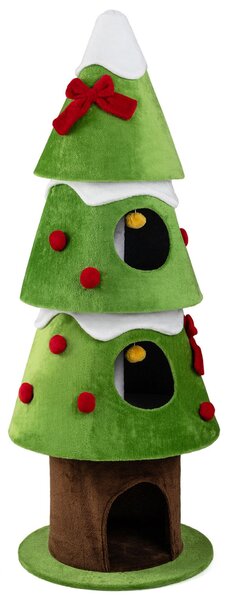 Costway Albero tiragraffi per gatti da interno con 3 cucce ampi ingressi e base rotonda stabile, Cuccia per gatti a forma di albero di natale con e pallina sospesa