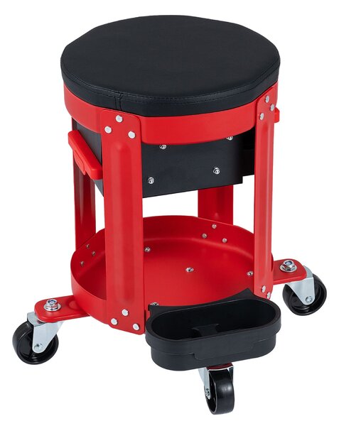 Costway Sgabello da officina con ruote girevole 2 cassetti e vassoio porta attrezzi per garage e giardino, Sedile per lavoro con cuscino e portabottiglie rimovibili Rosso