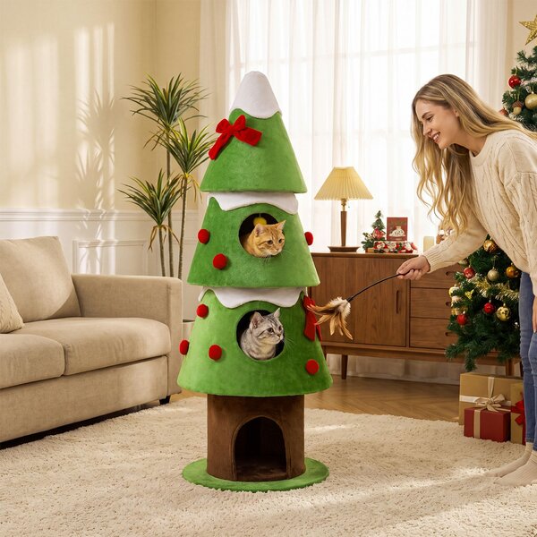 Costway Albero tiragraffi per gatti da interno con 3 cucce ampi ingressi e base rotonda stabile, Cuccia per gatti a forma di albero di natale con e pallina sospesa