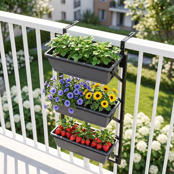Costway Fioriera sospesa da esterno 3 livelli con irrigazione automatica per giardino e balcone, Vaso da parete con fori di drenaggio supporto regolabile