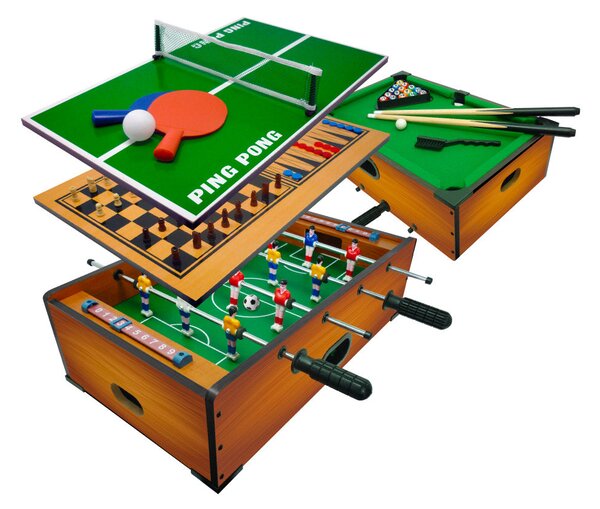 Tavolo Multi Gioco 6 in 1 51x31x16 cm Calciobalilla Biliardo Ping Pong Scacchi Dama Backgammon Marrone Chiaro