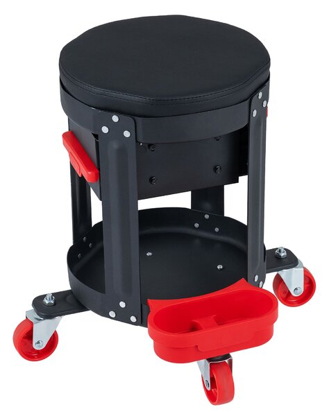 Costway Sgabello da officina con ruote girevole 2 cassetti e vassoio porta attrezzi per garage e giardino, Sedile per lavoro con cuscino e portabottiglie rimovibili Nero