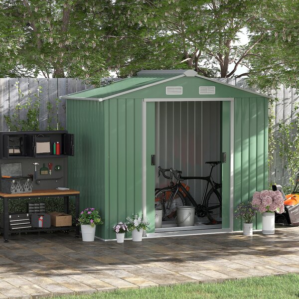 Casetta Box da Giardino 213x130x185 cm con Porte Scorrevoli in Acciaio Verde
