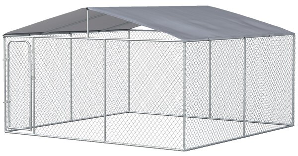 Gabbia Kennel per Cani da Esterno 400x400x232 cm in Metallo e Tetto in Tessuto Oxford Argento