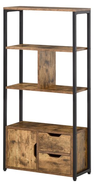 Libreria 3 Ripiani 2 Cassetti 1 Anta 58x24x122 cm in Truciolato e Metallo Nero e Legno
