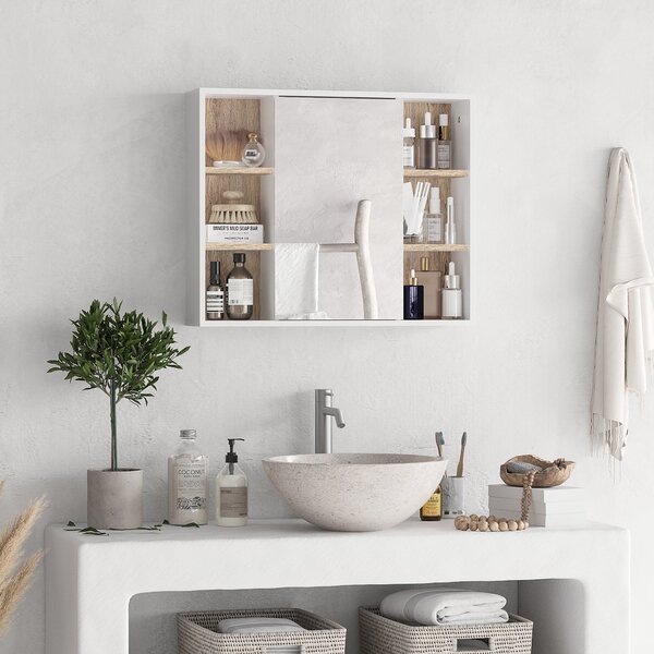Specchio Armadietto da Bagno Pensile 60x14,5x49,4 cm in MDF e Truciolato Bianco e Legno Naturale
