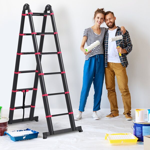 Scala Telescopica Pieghevole 12 Gradini 379x67,5x11 cm in Alluminio e Nylon Nero e Rosso