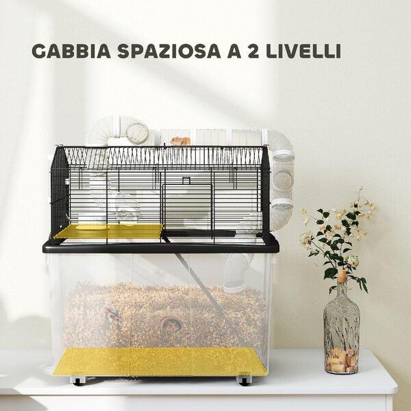 AllMyPets Gabbia per Criceti a 2 Piani con Ruote Tubi Ciotola Bottiglia e Rampa 58x43x57 cm colore Nero - K636BK