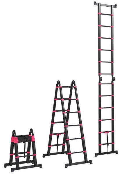 Scala Telescopica Pieghevole 12 Gradini 379x67,5x11 cm in Alluminio e Nylon Nero e Rosso