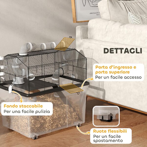 AllMyPets Gabbia per Criceti a 2 Piani con Ruote Tubi Ciotola Bottiglia e Rampa 58x43x57 cm colore Nero - K636BK