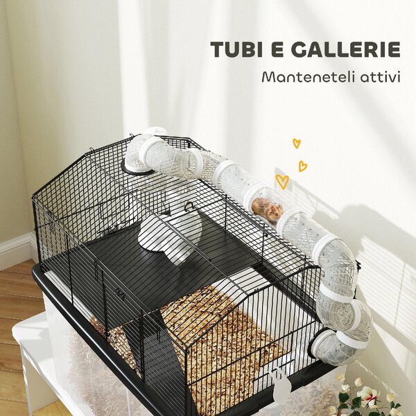AllMyPets Gabbia per Criceti a 2 Piani con Ruote Tubi Ciotola Bottiglia e Rampa 58x43x57 cm colore Nero - K636BK