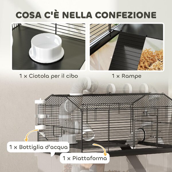 AllMyPets Gabbia per Criceti a 2 Piani con Ruote Tubi Ciotola Bottiglia e Rampa 58x43x57 cm colore Nero - K636BK