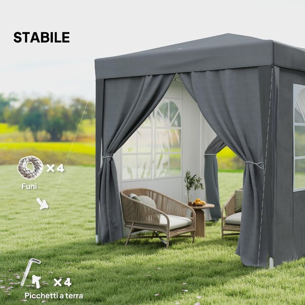 VivaGarden Gazebo da Giardino 2x2 mt Pieghevole in Metallo/Tessuto Tende Laterali con Finestre colore Grigio