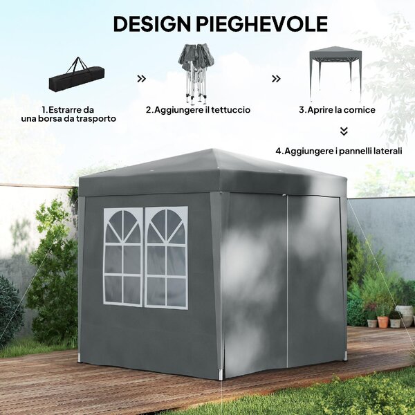 VivaGarden Gazebo da Giardino 2x2 mt Pieghevole in Metallo/Tessuto Tende Laterali con Finestre colore Grigio
