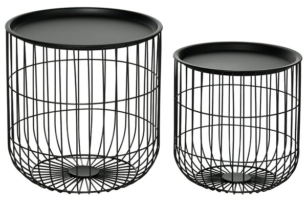 Set 2 Tavolini Impilabili con Vano Contenitore in Acciaio Nero