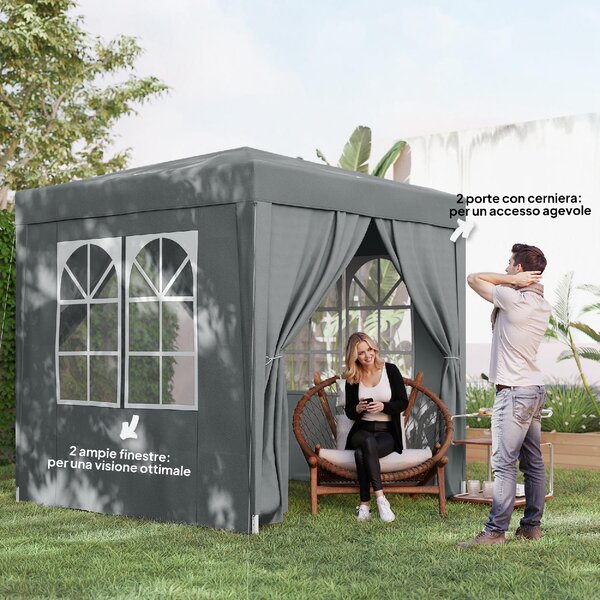VivaGarden Gazebo da Giardino 2x2 mt Pieghevole in Metallo/Tessuto Tende Laterali con Finestre colore Grigio