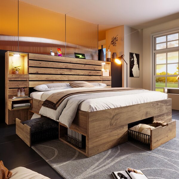 Letto matrimoniale contenitore, dimensioni 180x200 cm, finitura effetto legno di quercia, realizzato in MDF, con struttura in metallo, dotato di faretti LED integrati e prese USB e di tipo C, ideale per la camera da letto
