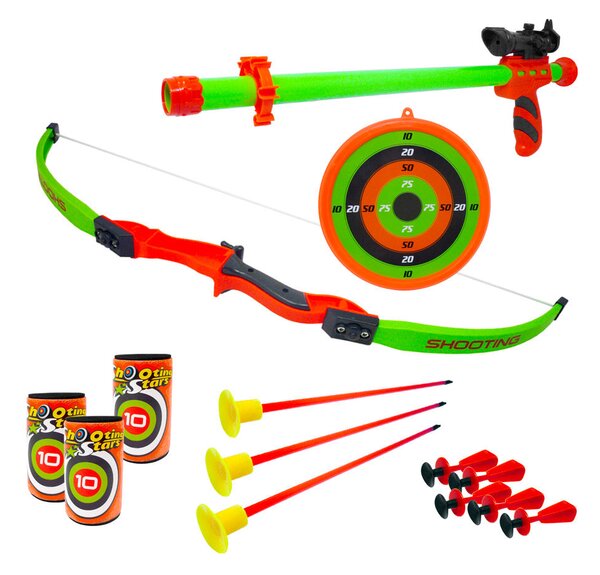 Set Arco per Bambini 54 cm e Cerbottana con Bersaglio Barattoli e 3 Frecce a Ventosa