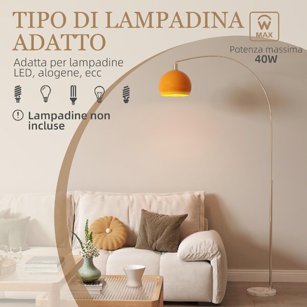 DecHome Lampada da Terra ad Arco con Interruttore a Pedale in Marmo Metallo e Plastica 26x90x180 cm colore Bianco/Arancione