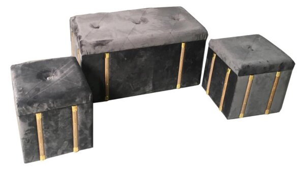 Set Baule e 2 Pouf in MDF e Tessuto Velluto Grigio