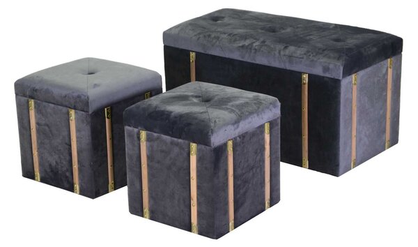 Set Baule e 2 Pouf in MDF e Tessuto Velluto Grigio
