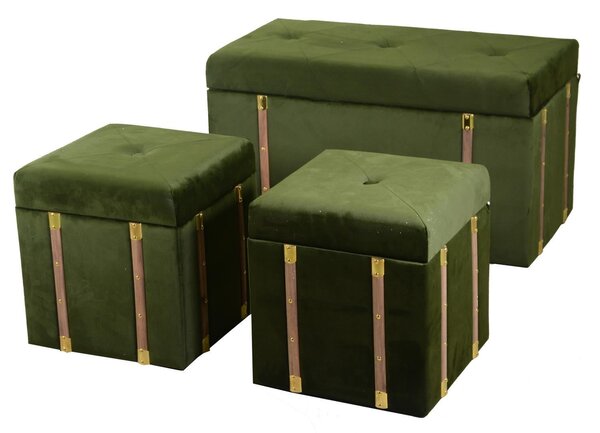 Set Baule e 2 Pouf in MDF e Tessuto Velluto Verde