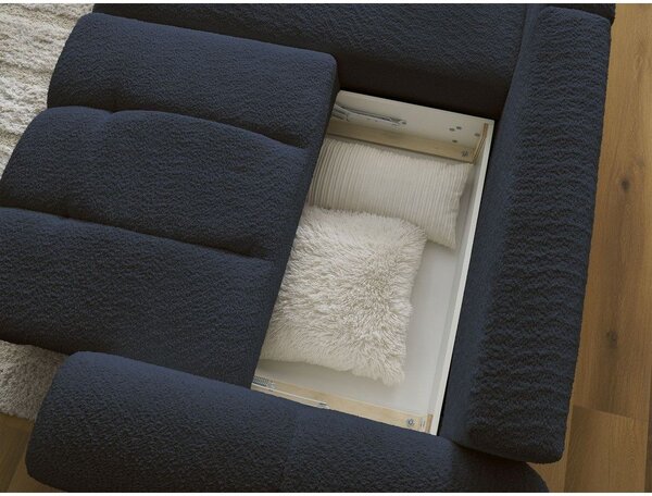 Divano angolare blu allungabile/con contenitore (con penisola a sinistra/con chaise lounge) con rivestimento in bouclé Roxelane – Bobochic Paris