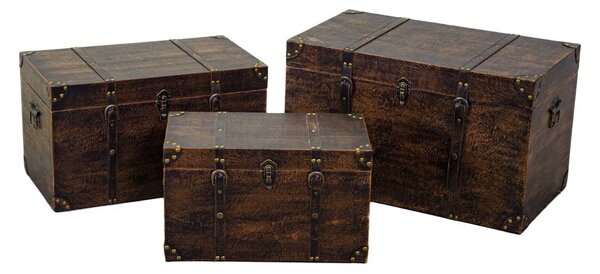 Set 3 Bauli Rettangolari in Similpelle e Legno Marrone