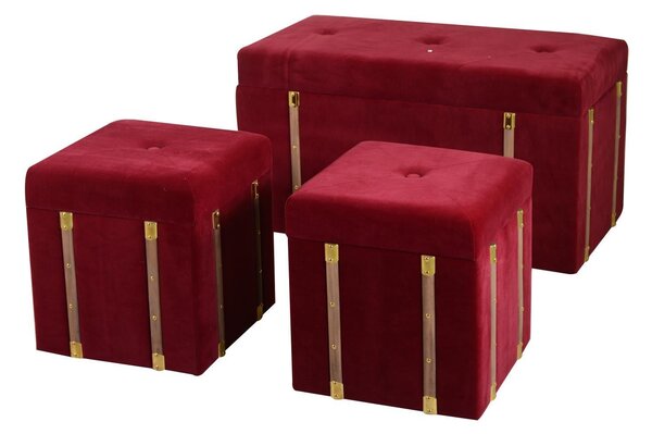Set Baule e 2 Pouf in MDF e Tessuto Velluto Bordeaux