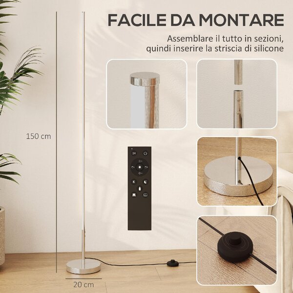 DecHome Lampada da Terra LED Alta 150 cm con Temperatura del colore Regolabile e Telecomando colore Argento