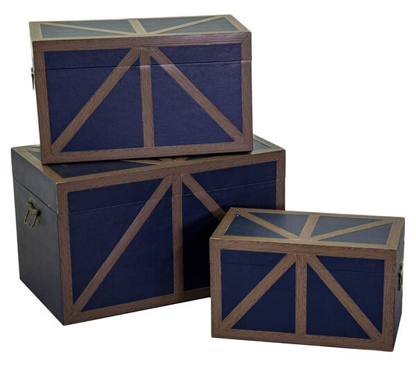Set 3 Bauli Rettangolari in Similpelle e Legno Blu
