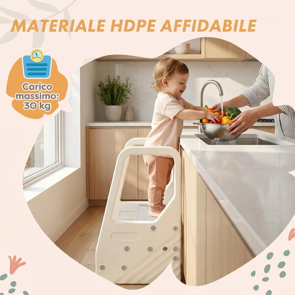 AIYAPLAY Scala Montessori per Bambini 2-5 Anni a 3 Gradini con L'altezza regolabile in HDPE, 43x42x65.5 cm, Grigio e Bianco Crema|Aosom Italy