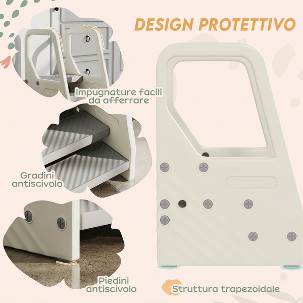 AIYAPLAY Scala Montessori per Bambini 2-5 Anni a 3 Gradini con L'altezza regolabile in HDPE, 43x42x65.5 cm, Grigio e Bianco Crema|Aosom Italy