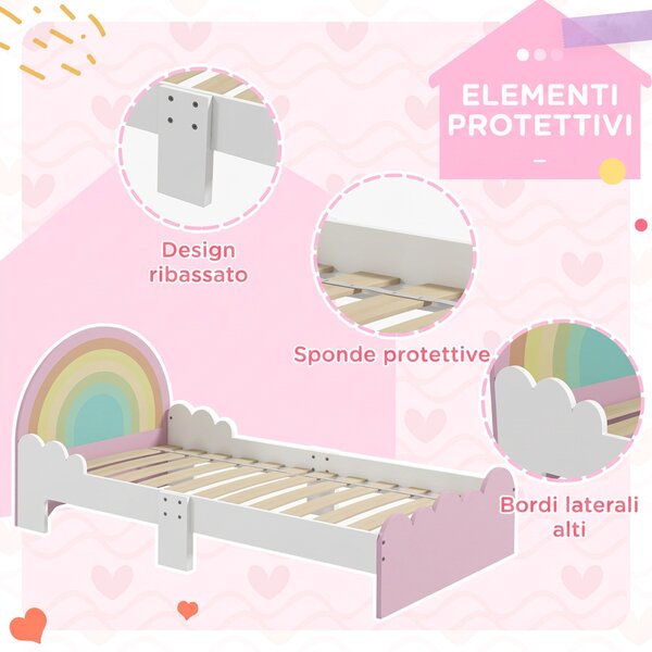 ZONEKIZ Lettino per Bambini 3-6 Anni con Sponde Laterali Anticaduta in MDF, 143x74x66 cm, Bianco e Rosa|Aosom