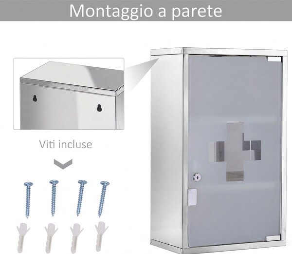 HomCom Armadietto medicinali Cassetta porta medicine Mobile Bagno Primo Soccorso in Acciaio Inox con Serratura 50x30x18cm|Aosom