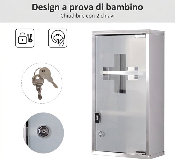 HOMCOM armadietto medicinali, Pronto Soccorso Cassetta Medicine in Acciaio Porta in Vetro e 2 Chiavi|Aosom