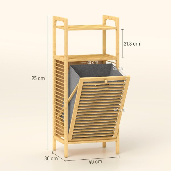 DecHome Mobile Bagno a Doghe con Cesto Portabiancheria e Armadietto, in Bamb e Poliestere, 40x30x95 cm, colore Grigio/Legno