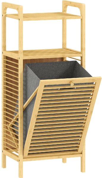 DecHome Mobile Bagno a Doghe con Cesto Portabiancheria e Armadietto, in Bamb e Poliestere, 40x30x95 cm, colore Grigio/Legno