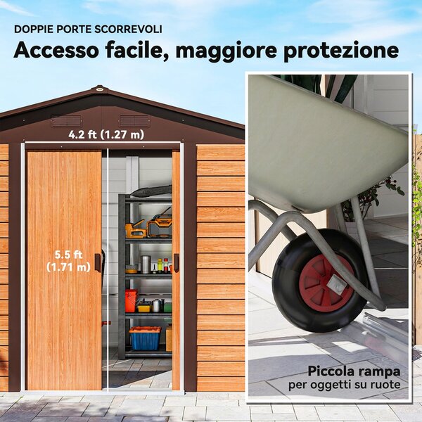 Outsunny Casetta da Giardino in Acciaio Effetto Legno e Doppie Porte Scorrevoli, 278x195x215 cm, Marrone | Aosom Italy