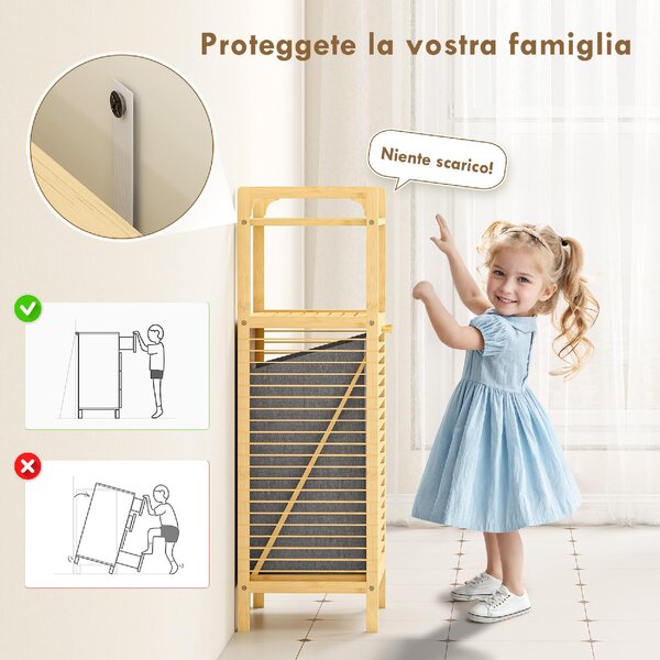 DecHome Mobile Bagno a Doghe con Cesto Portabiancheria e Armadietto, in Bamb e Poliestere, 40x30x95 cm, colore Grigio/Legno