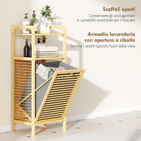 DecHome Mobile Bagno a Doghe con Cesto Portabiancheria e Armadietto, in Bamb e Poliestere, 40x30x95 cm, colore Grigio/Legno