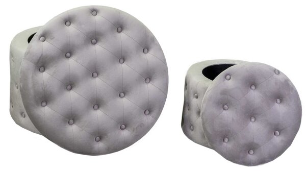 Set 2 Pouf Contenitore Ø50 cm e Ø70 cm in Tessuto Velluto Grigio