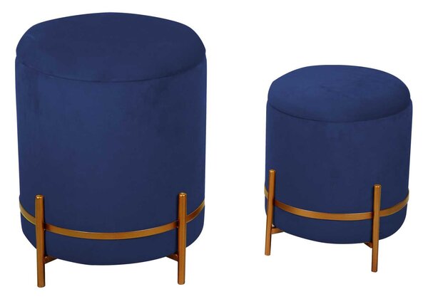 Set 2 Pouf Contenitore Ø35 cm e Ø39 cm in Tessuto Velluto Blu